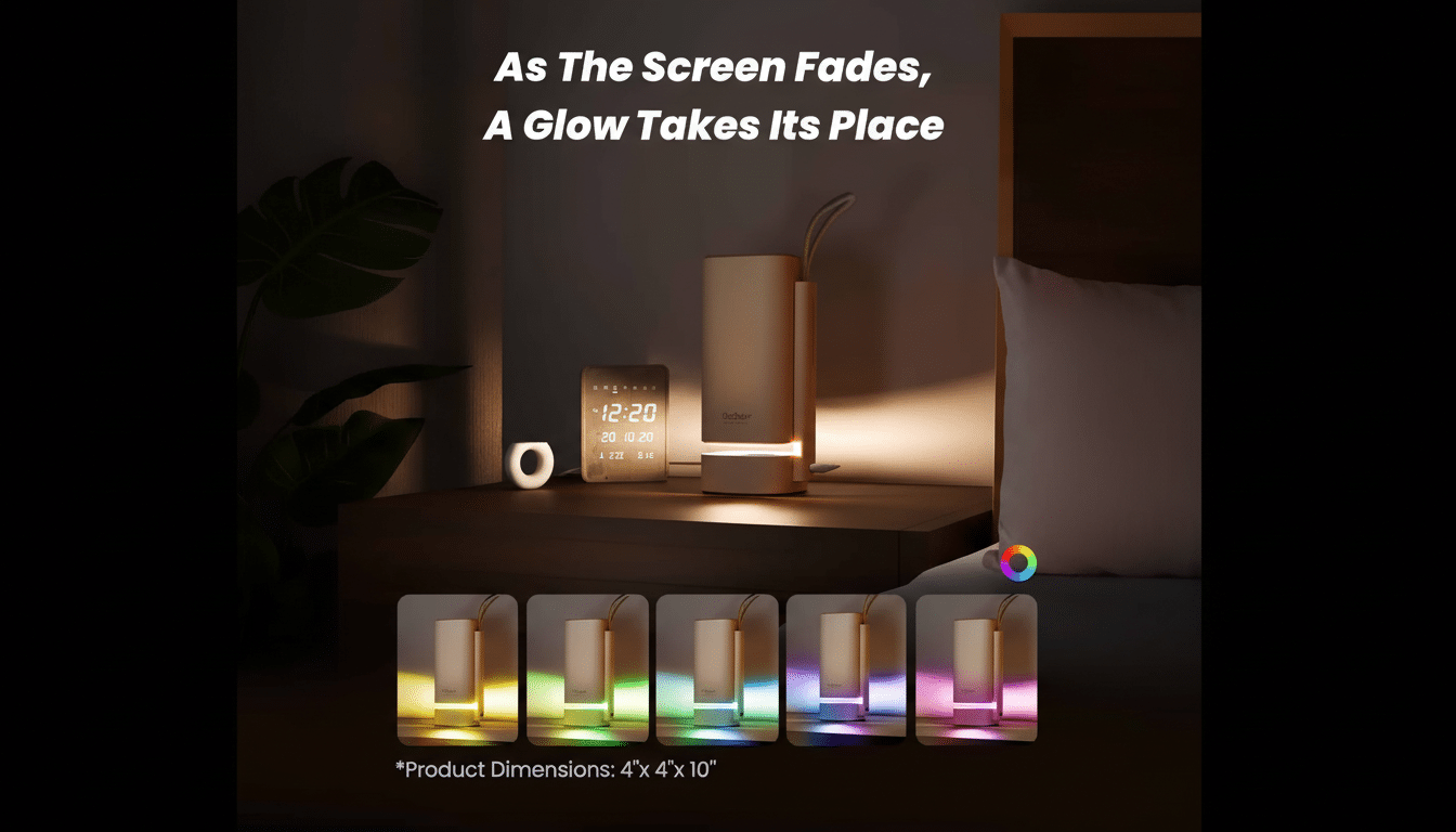 A 16:9 aspect ratio image of a bedroom nightstand with a glow lamp, an alarm clock displaying 12:2 0, and a small white device . Below, five smaller images show the lamp glowing in different colors: yellow, green, light blue, purple, and pink. The text As The Screen Fades, A Glow Takes Its Place and * Product Dimensions: 4x 4x 10 are also present. Filename : glowlamp nightstand 169 . png