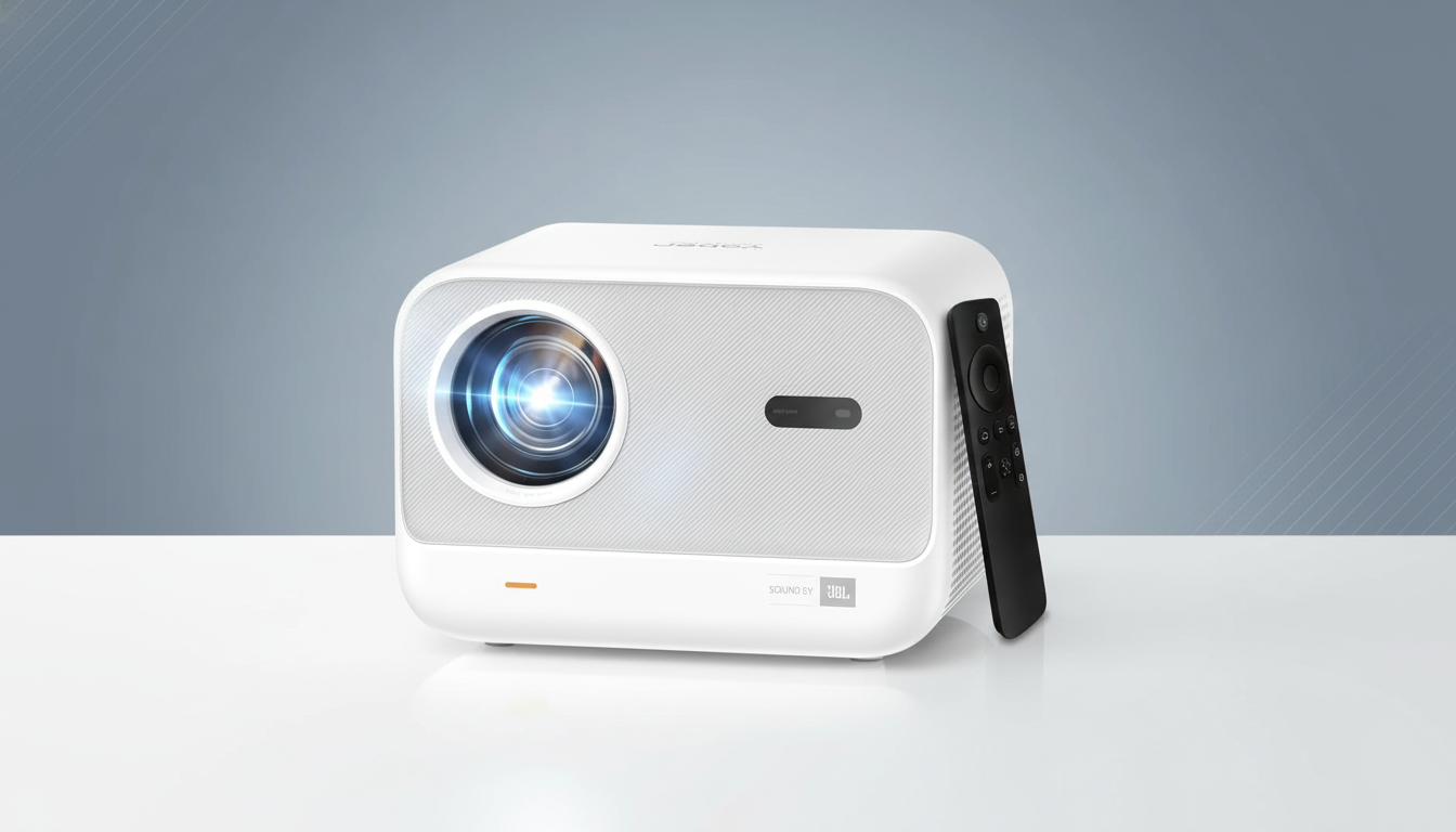 A white projector with a black remote control resting against its side, set against a professional flat design background with soft gray and blue gradients.