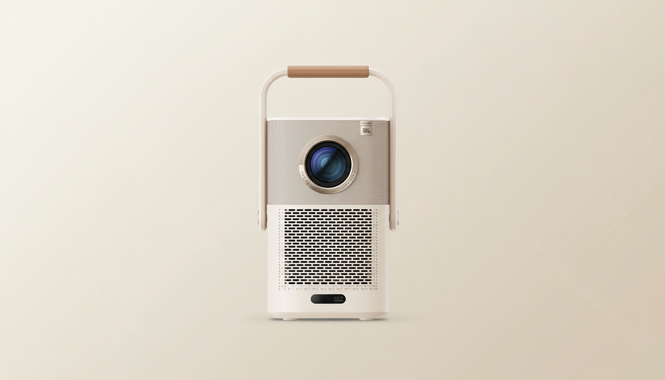 A beige portable projector with a brown handle, featuring a large lens and speaker grilles, set against a soft, gradient background.