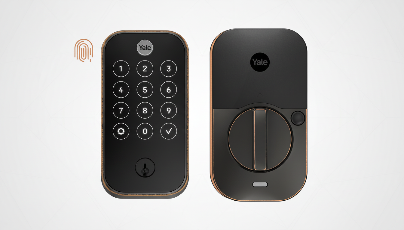 A Yale smart lock with a keypad and a fingerprint icon, presented on a professional flat design background with soft gradients.