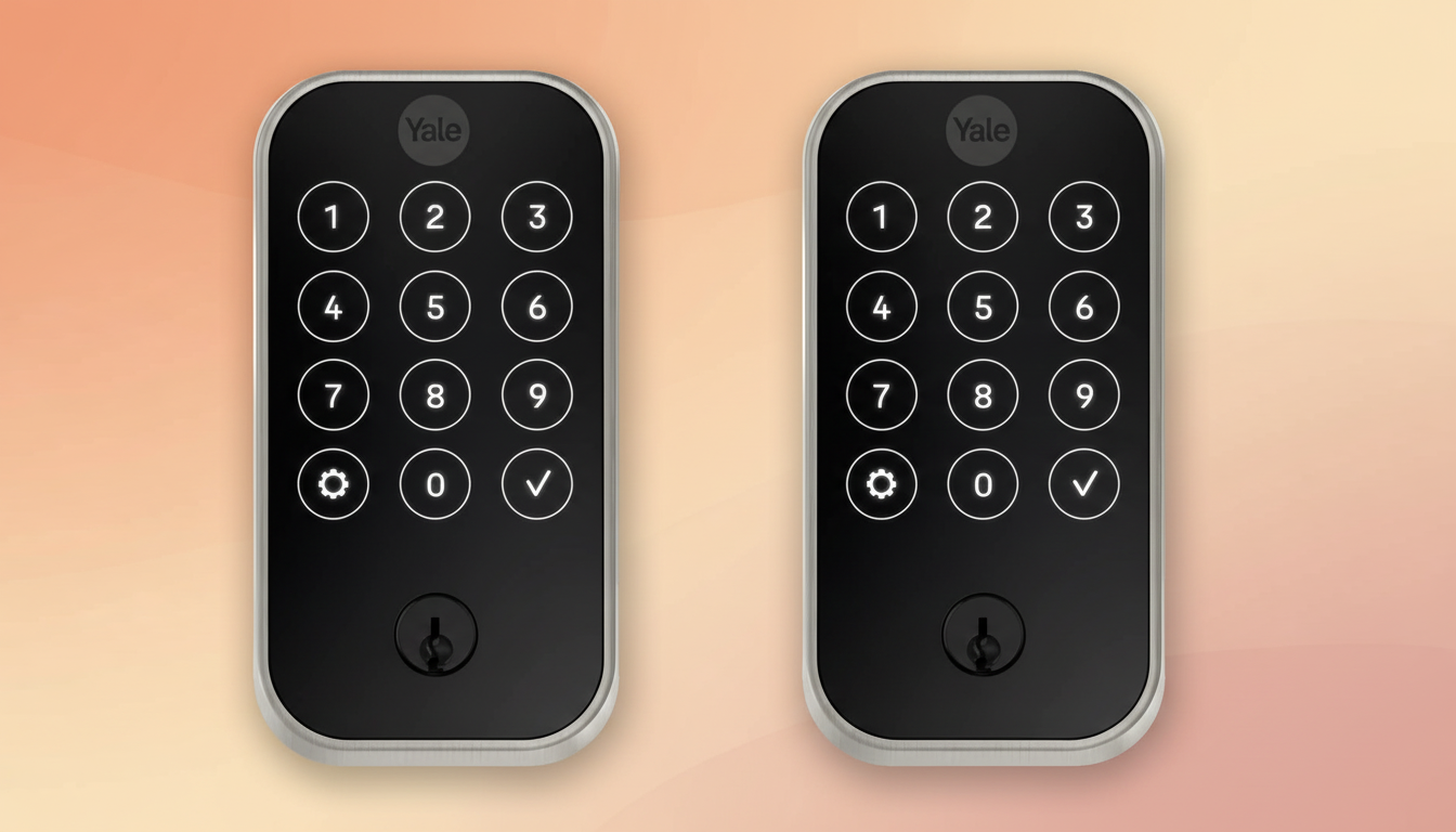 A Yale smart lock with a keypad and a keyhole, presented on a professional flat design background with soft patterns and gradients.