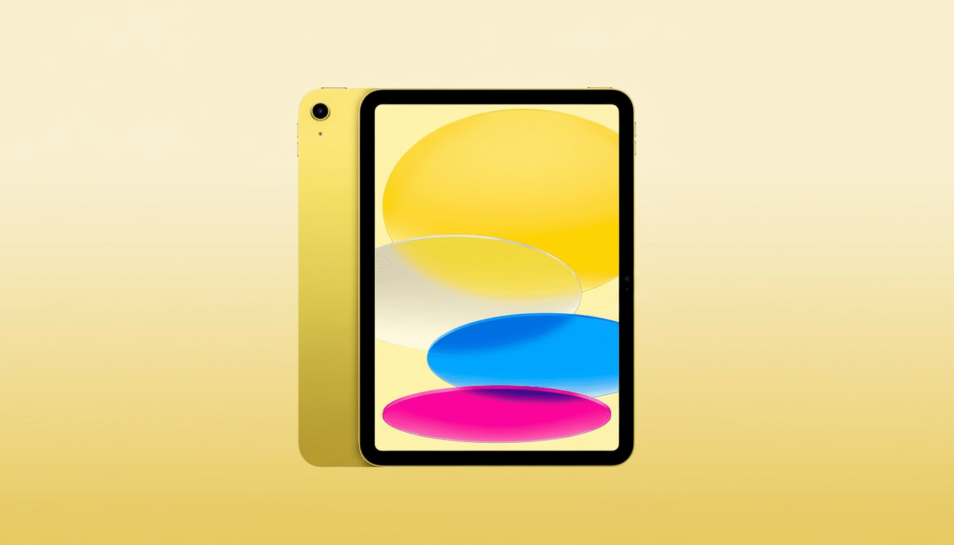 A yellow tablet with a colorful screen , presented on a soft yellow gradient background. Filename : yellow tabletprofessional .png