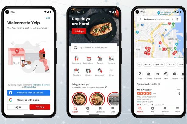A 16:9 aspect ratio image of three smartphone screens displaying the Yelp app. The first screen shows the Welcome to Yelp login page with a cartoon person , the second shows the home screen with Dog days are here ! banner and search bar, and the third shows a map view of restaurants with Oil & Vinegar as a sponsored result .