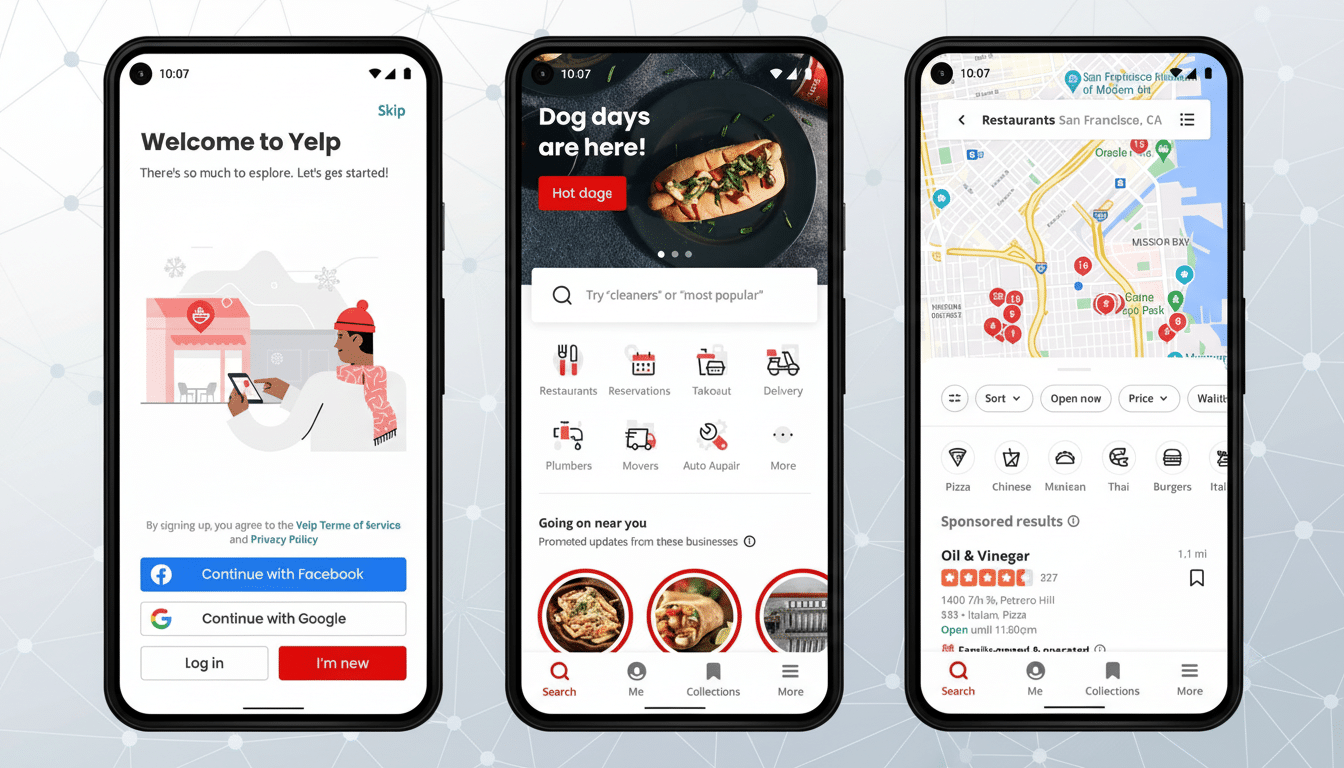 A 16:9 aspect ratio image of three smartphone screens displaying the Yelp app. The first screen shows the Welcome to Yelp login page with a cartoon person , the second shows the home screen with Dog days are here ! banner and search bar, and the third shows a map view of restaurants with Oil & Vinegar as a sponsored result .