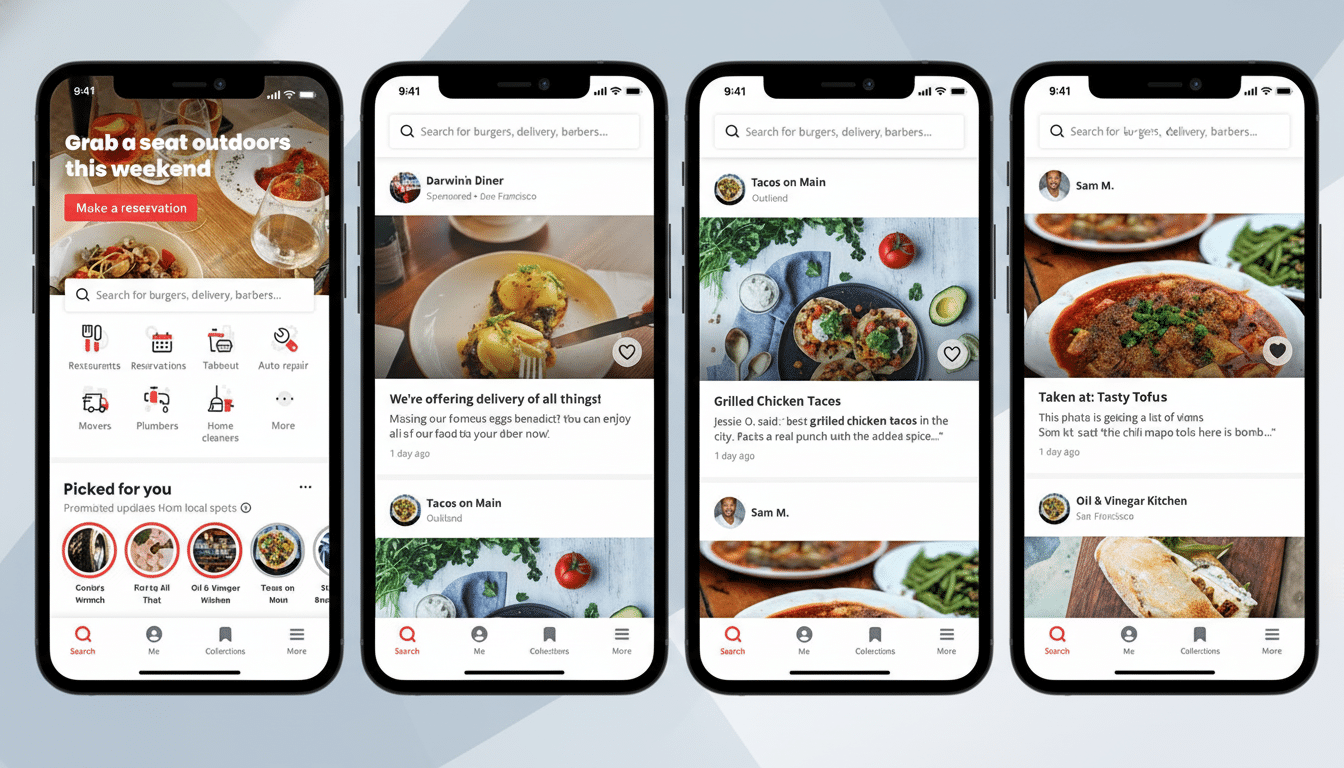 Four mobile phones displaying different screens of a food delivery and restaurant discovery app. The screens show featured restaurants, search results , and dish descriptions. Filename : fooddelivery appscreens . png