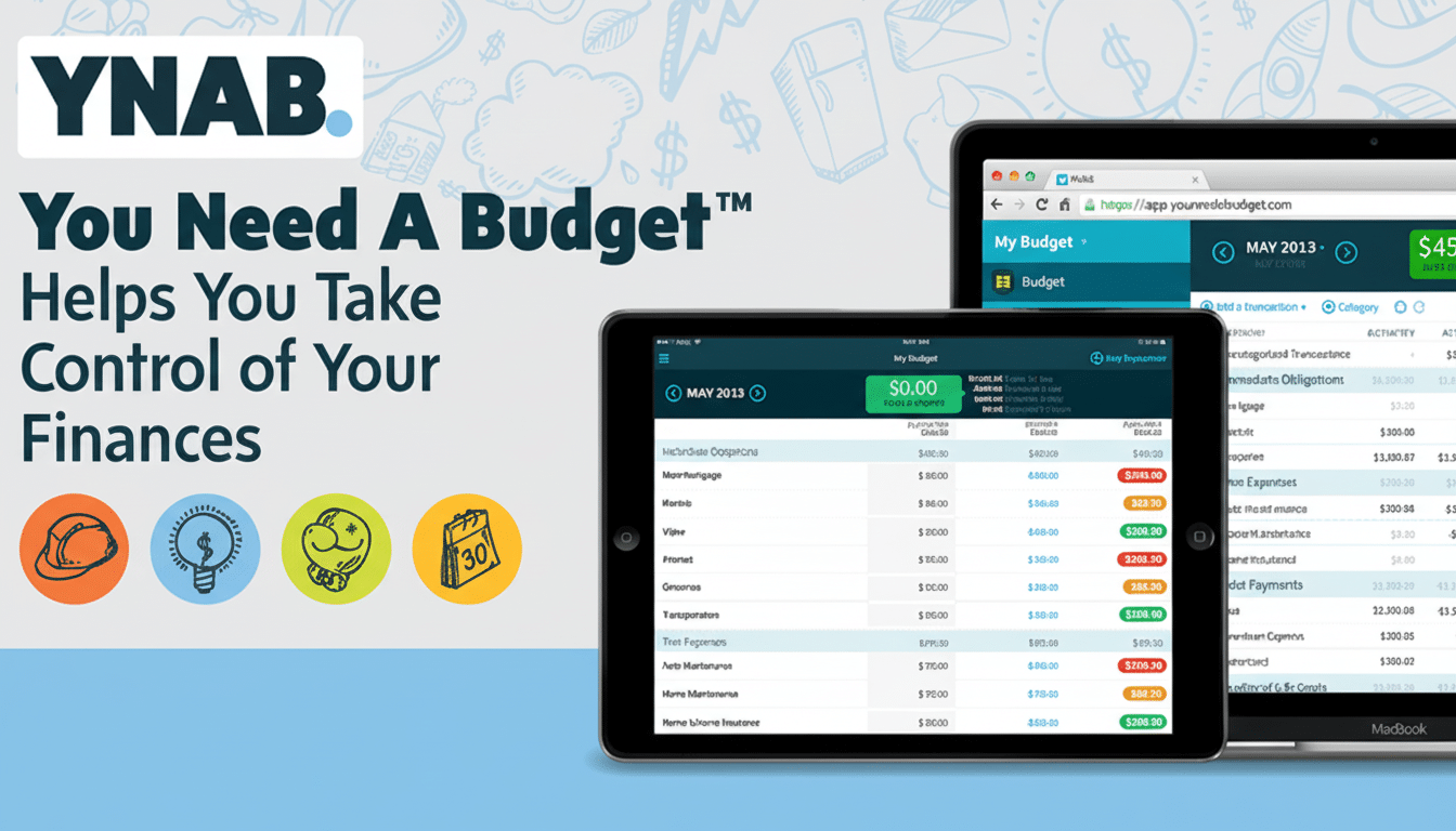 The Y NAB ( You Need A Budget ) logo and slogan Hel ps You Take Control of Your Finances next to a tablet and laptop displaying the YNAB budgeting int