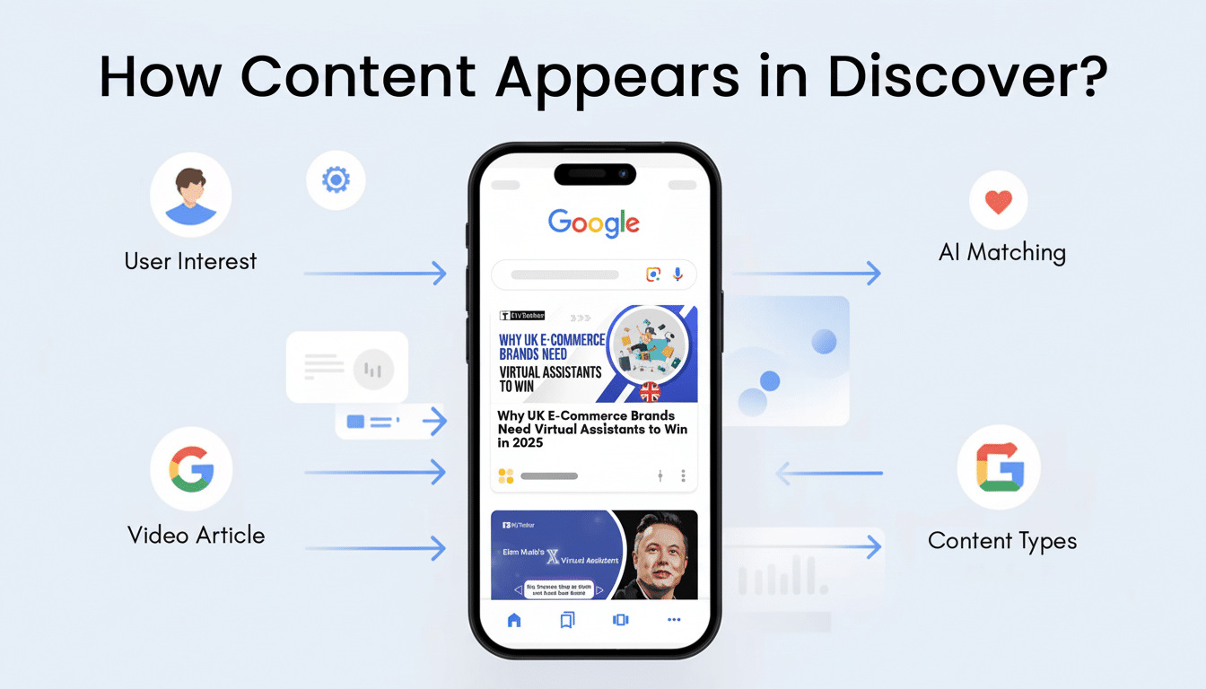 An infographic titled How Content App ears in Discover? showing a smartphone displaying Google Discover, with arrows pointing to factors like User Interest , Video Article, AI Matching, and Content Types.