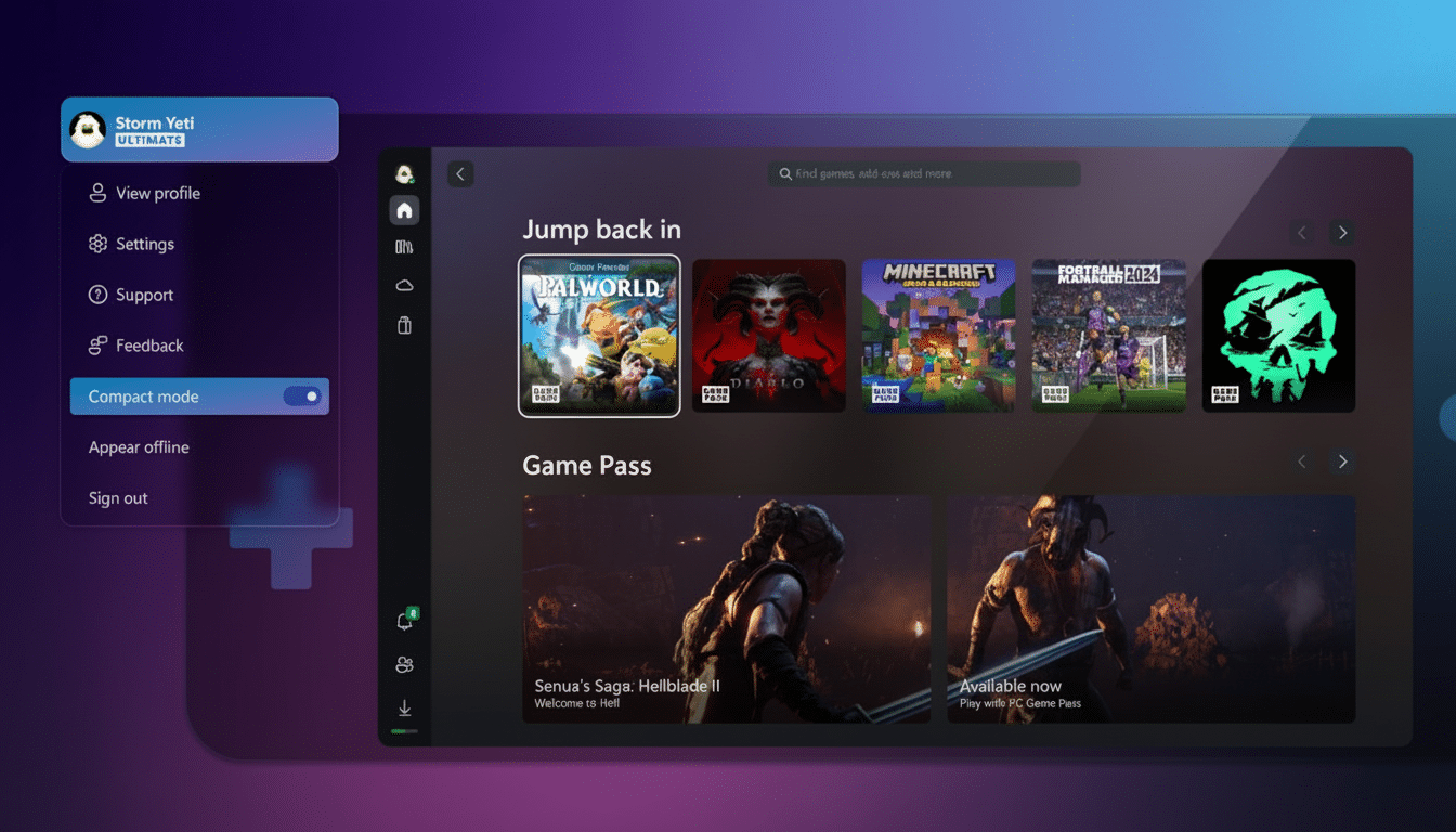 A professional screenshot of the Xbox app interface with a 16:9 aspect ratio, showing various games under Jump back in  and Game Pass sections.