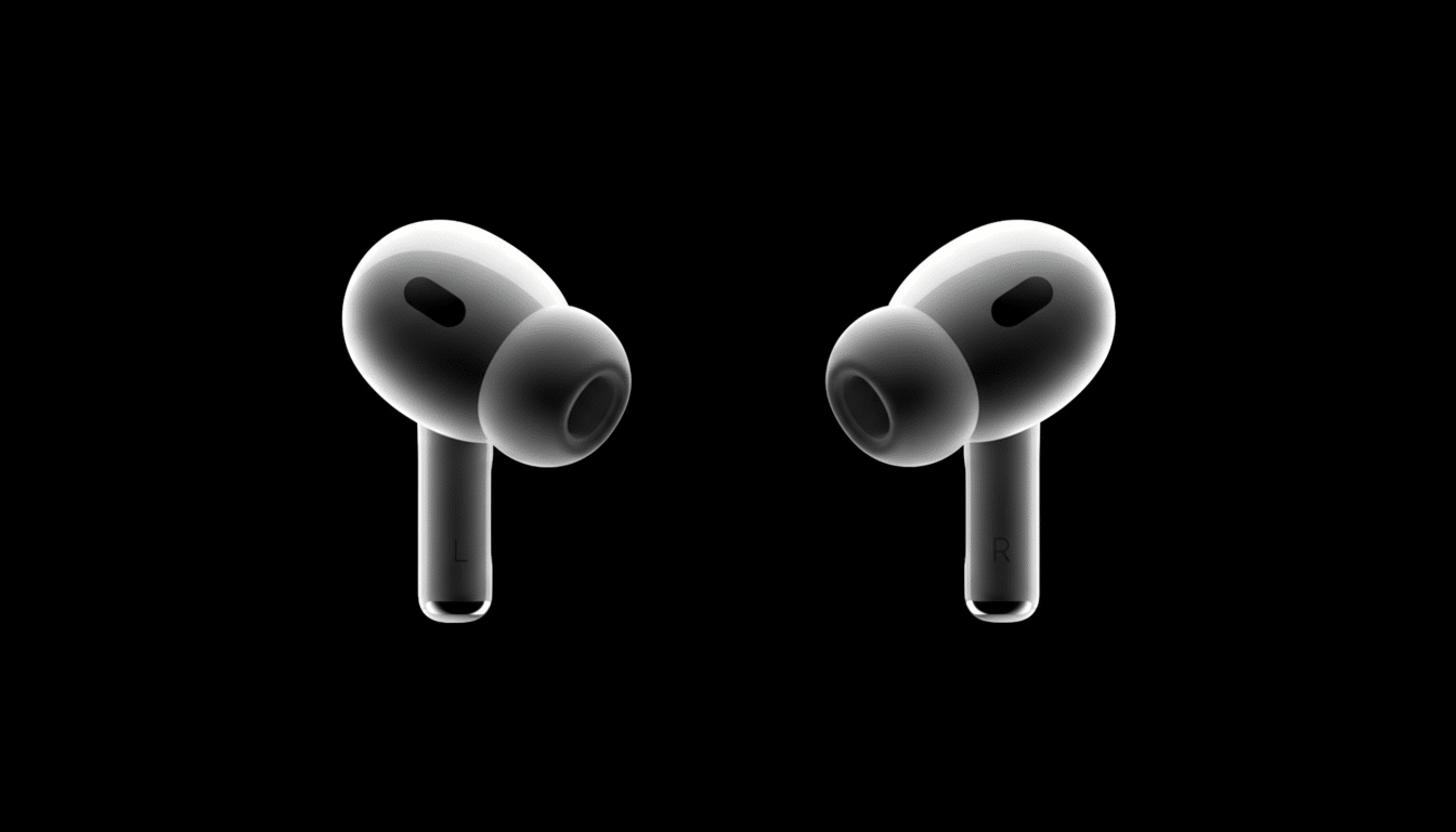 A professional, enhanced image of two white AirPods Pro earbuds on a black background, resized to a 1 6: 9 aspect ratio.