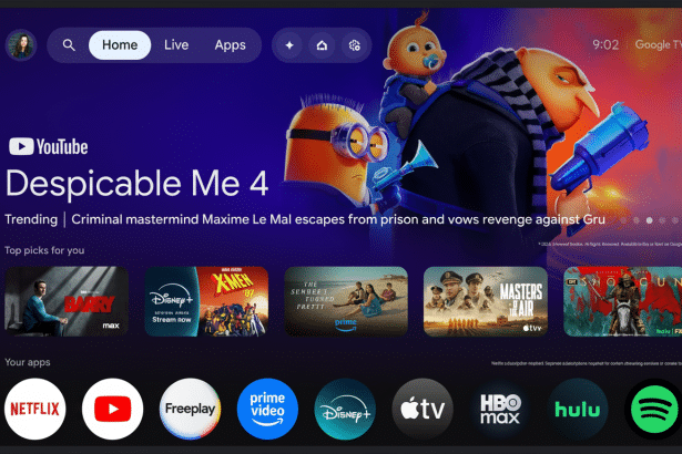 A 16:9 aspect ratio image of a smart TV home screen displaying Despicable Me 4 as trending content, with various streaming app icons at the bottom. Filename : smarttv homescreen . png