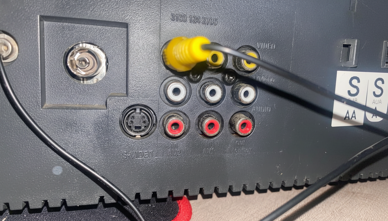 Close- up of the back panel of a video player with various audio and video input /output ports , including S -Video , AV2, and audio inputs. A yellow RCA cable is plugged into the video input .
