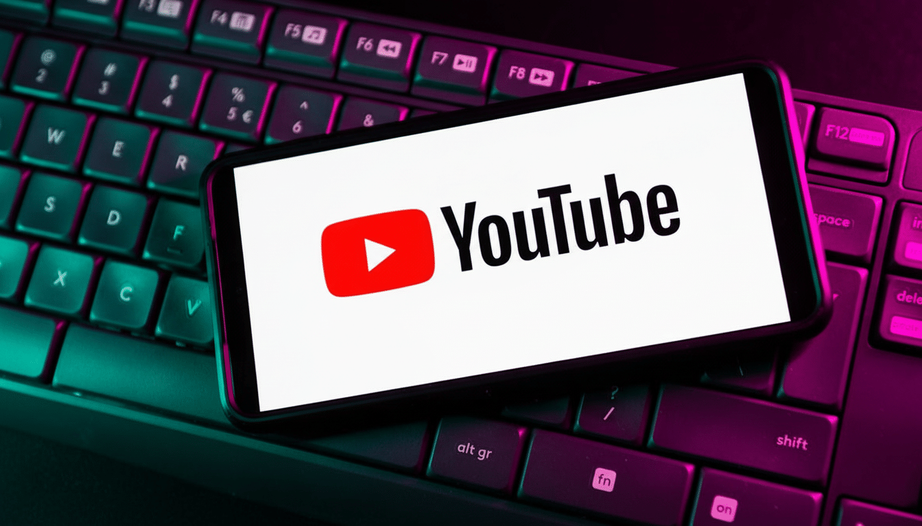 A smartphone displaying the YouTube logo and name is placed on a dark computer keyboard with purple and green back lighting. Filename : youtubelogo onkeyboard . png