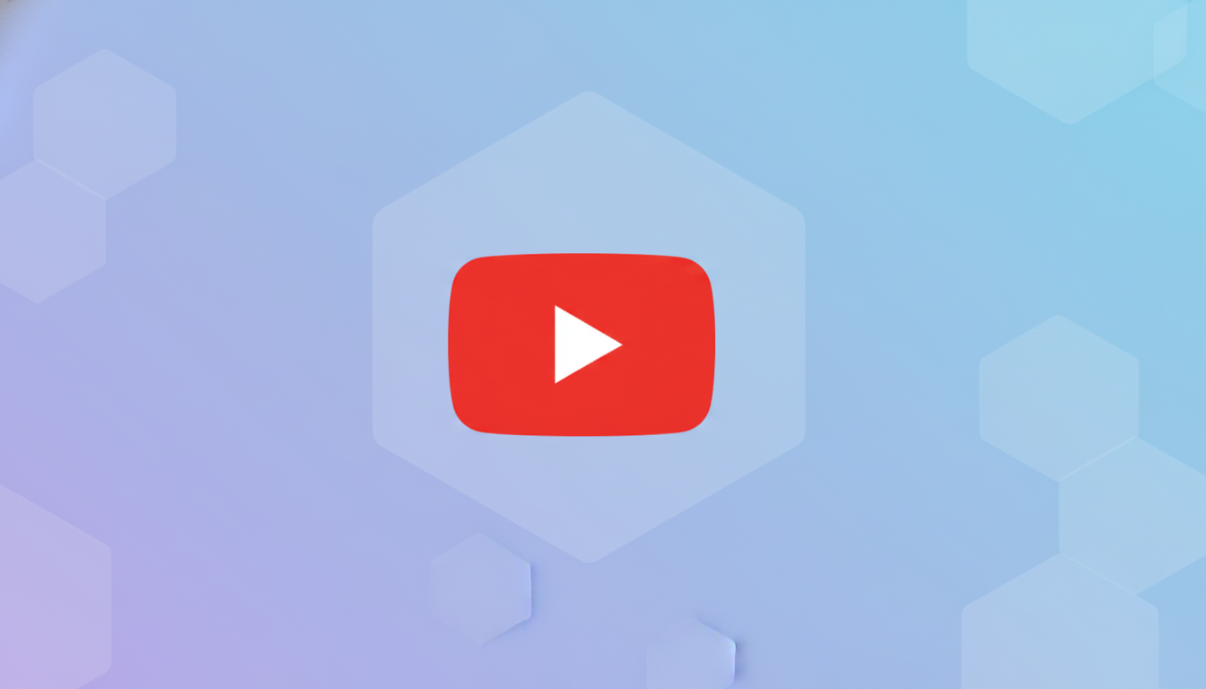 The YouTube logo, a red rounded rectangle with a white play icon, centered on a professional flat design background with soft blue and purple gradients and subtle hexagonal patterns.