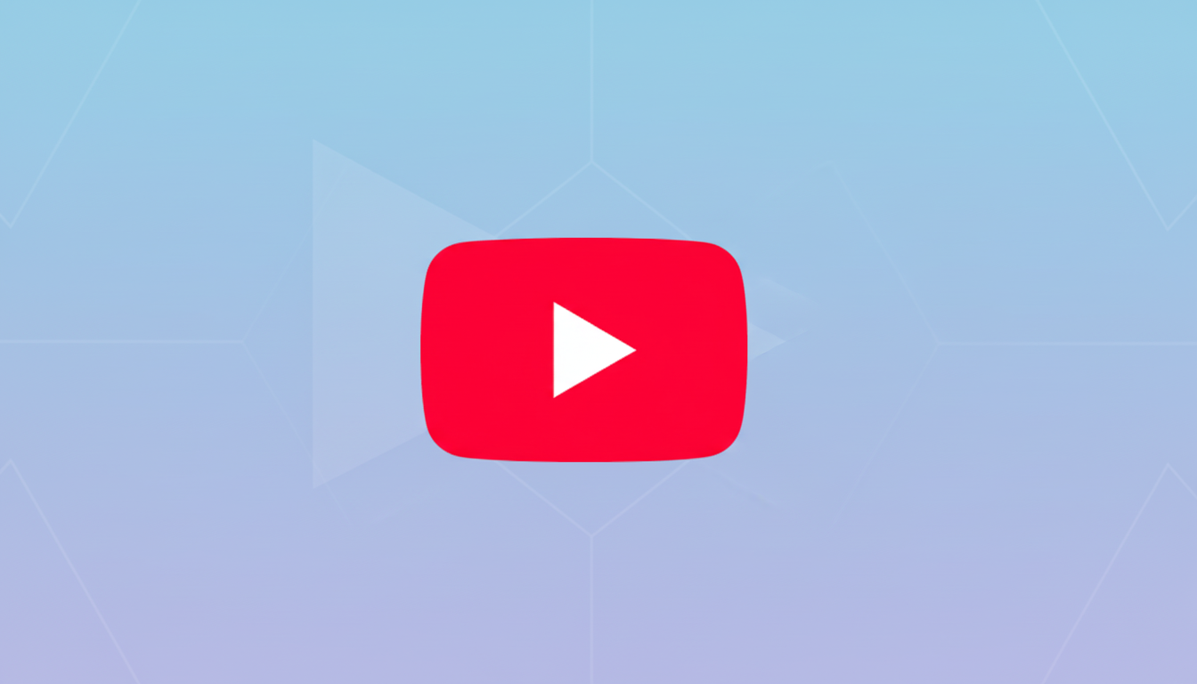 The YouTube logo, a red rounded rectangle with a white play triangle, centered on a light blue background with subtle geometric patterns.