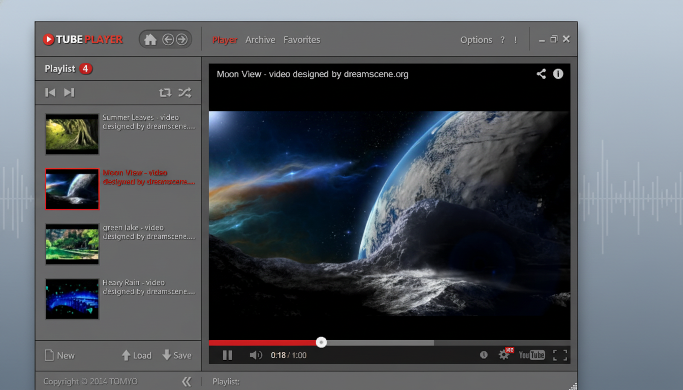 A screenshot of a Tube Player application interface, displaying a video titled Moon View with a celestial scene of a planet and moon. The application has a playlist on the left and video controls at the bottom. The background has been updated to a professional flat design with soft patterns.