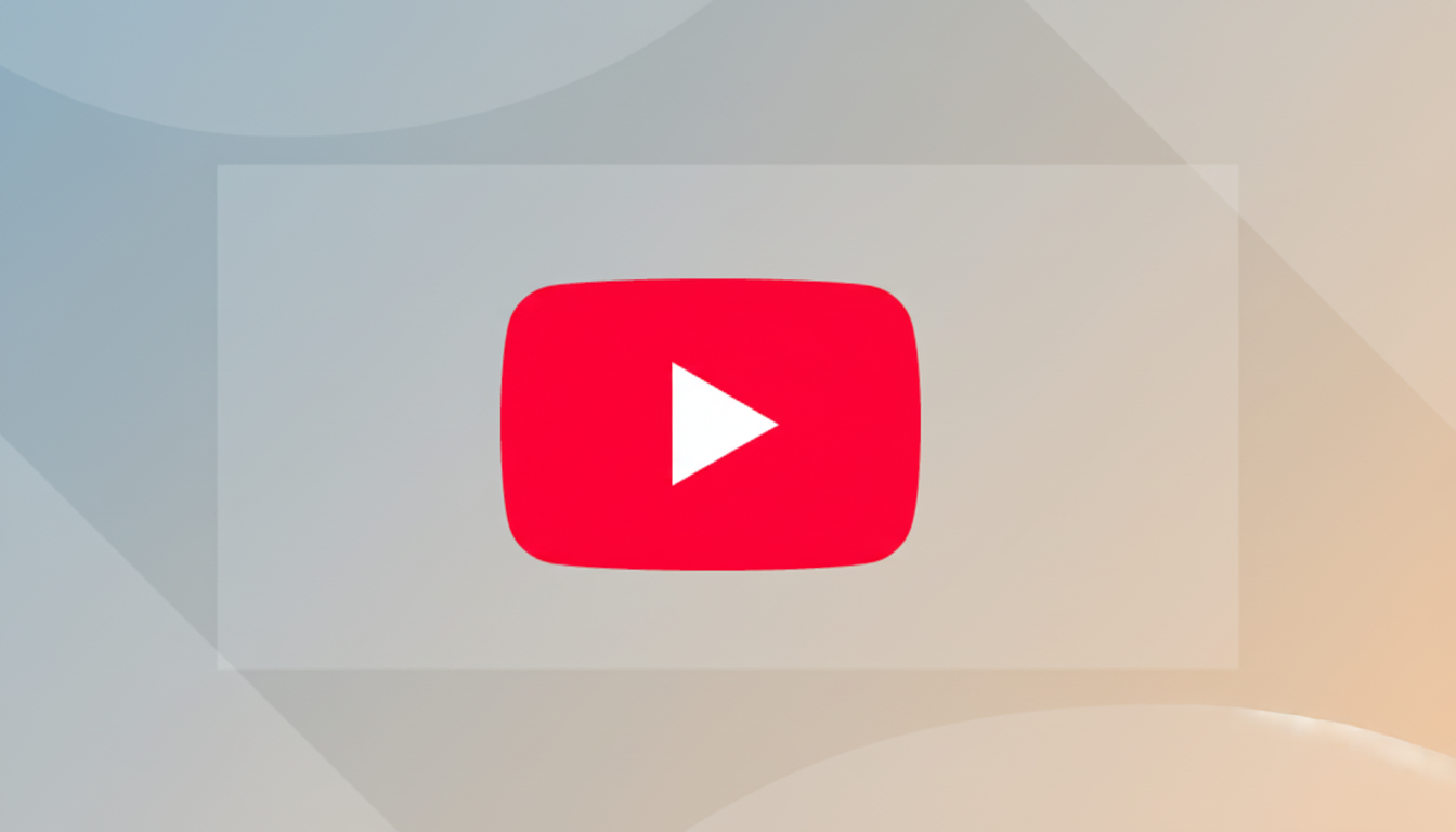 The YouTube logo, a red rounded rectangle with a white play triangle, centered on a professional flat design background with soft, wavy patterns and a gradient from light blue-gray to light orange.