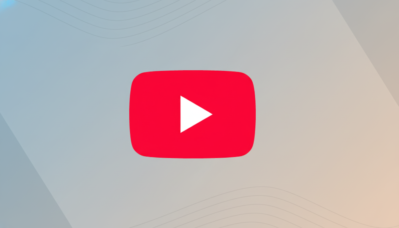 The YouTube logo, a red rounded rectangle with a white play triangle, centered on a professional flat design background with soft blue and orange gradients and subtle wave patterns.