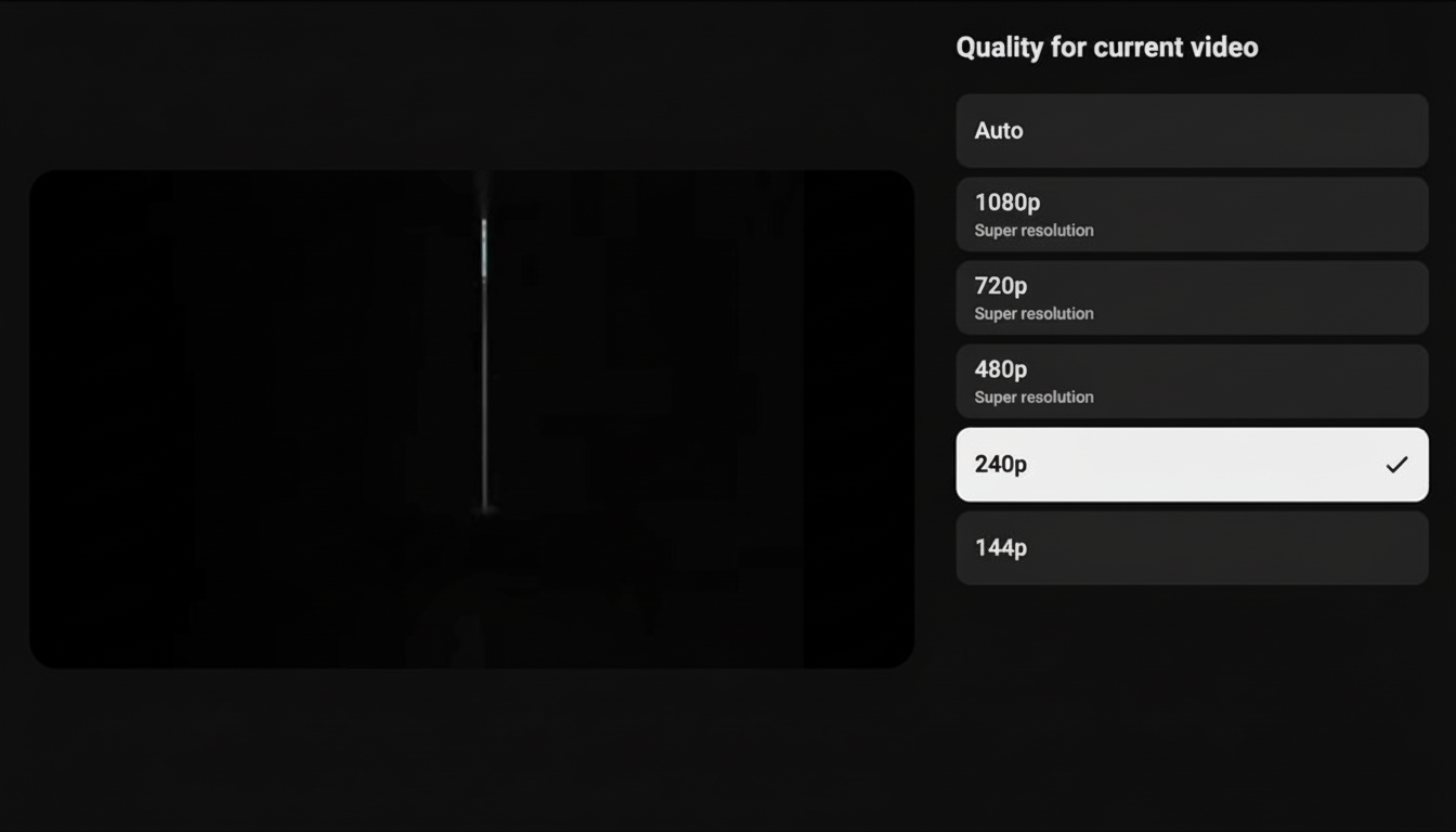 A screenshot of a video players quality settings, showing options from Auto to 144p, with 240p currently selected.