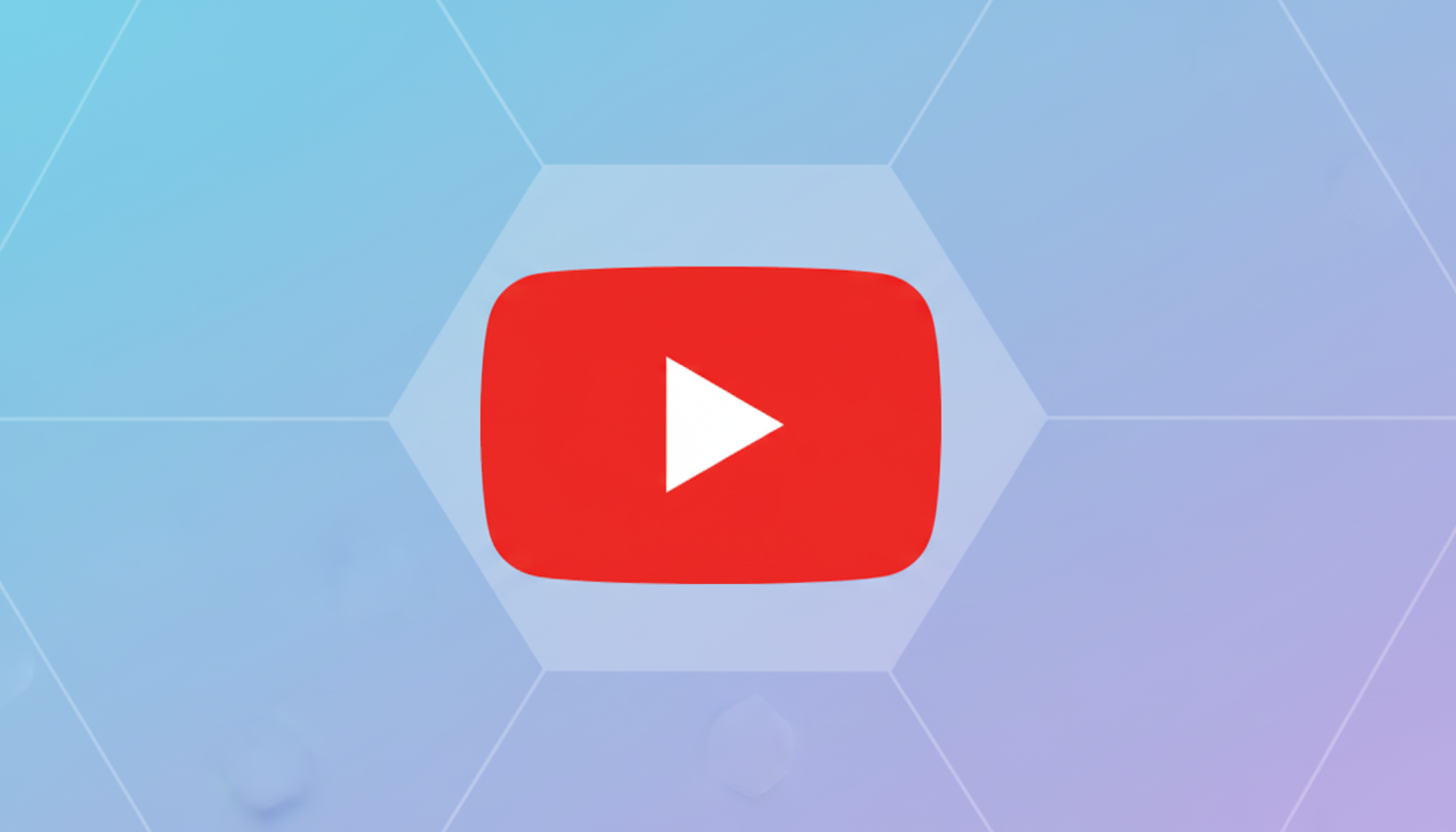 The YouTube logo, a red rectangle with rounded corners and a white play icon, centered on a professional flat design background with soft blue and purple gradients and subtle hexagonal patterns.