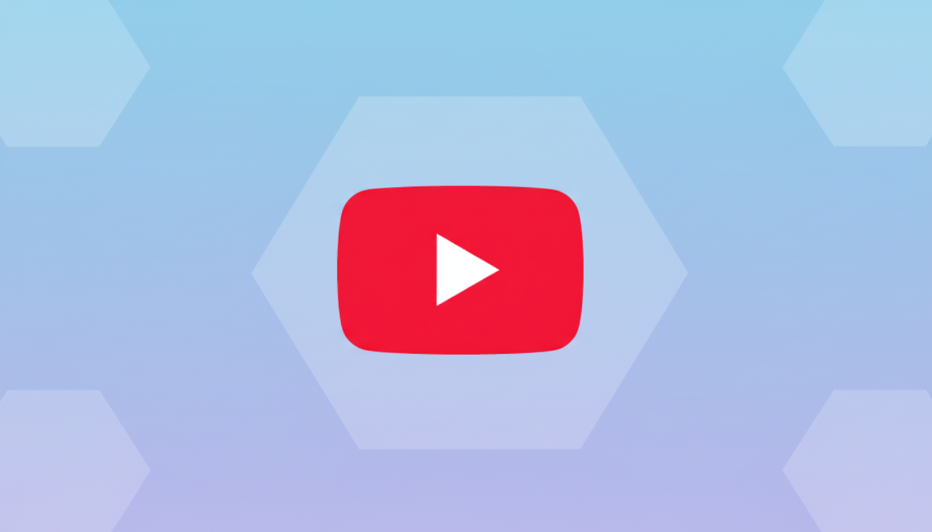 The YouTube logo, a red rectangle with a white play button, centered on a light blue and purple gradient background with subtle hexagonal patterns.