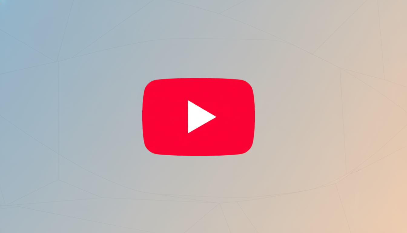 The YouTube logo, a red rounded rectangle with a white play triangle, centered on a professional flat design background with soft blue and orange gradients and subtle geometric patterns.