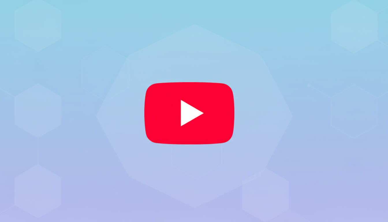 The YouTube logo, a red rectangle with a white play button, centered on a light blue and purple gradient background with subtle hexagonal patterns.