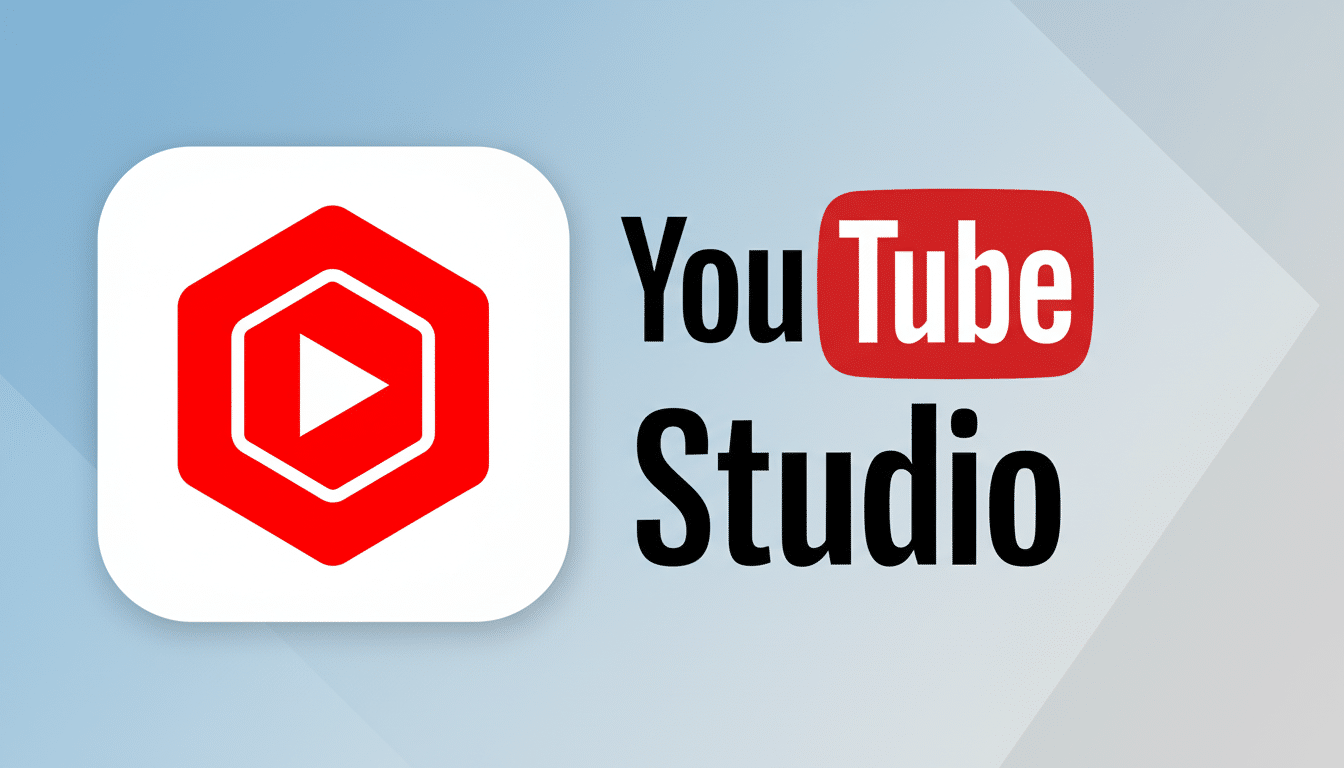 A professionally enhanced 16: 9 aspect ratio image featuring the YouTube Studio app icon and the YouTube Studio logo on a clean, light blue and white