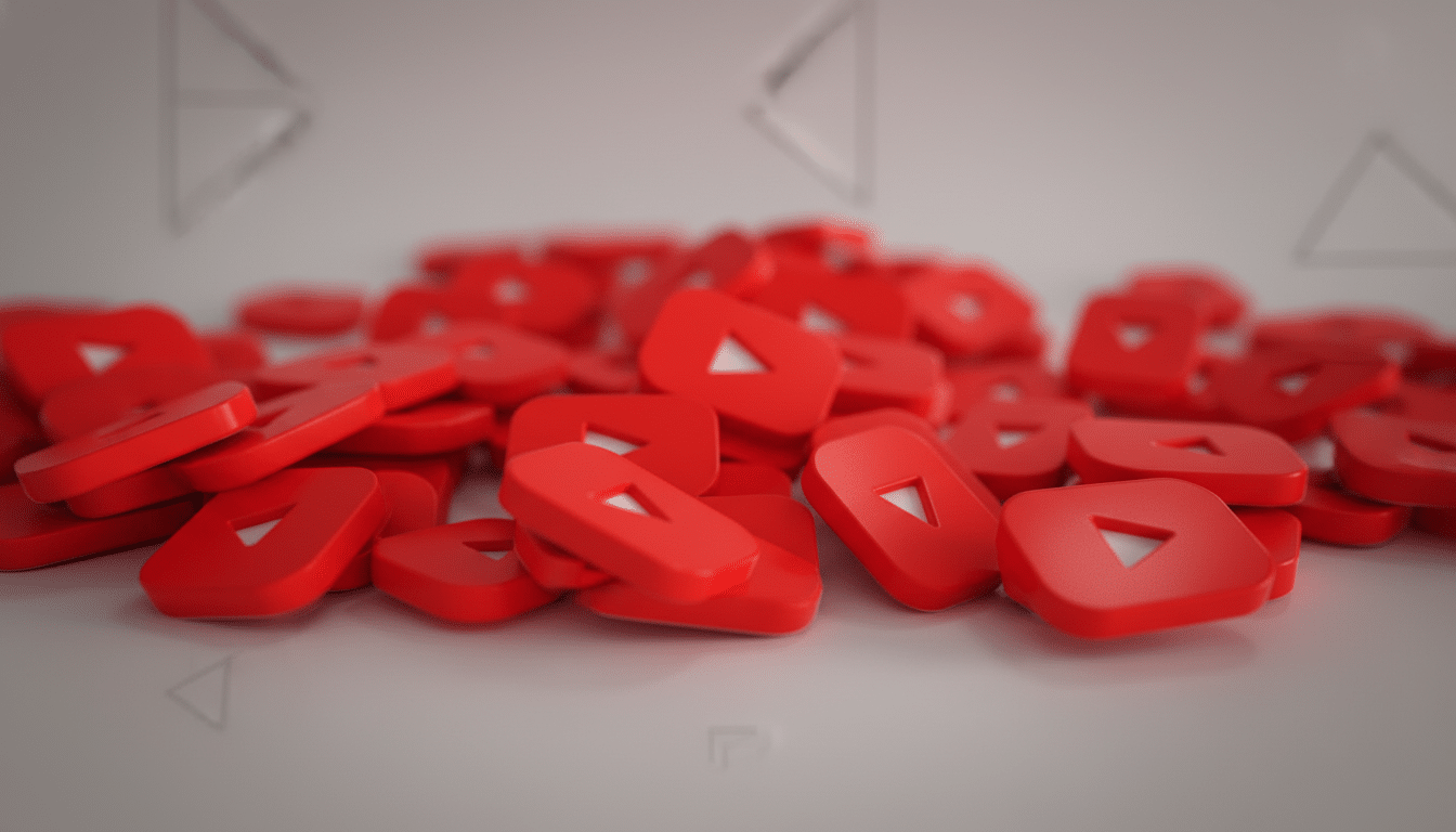 A pile of red YouTube play button icons, resized to a 16: 9 aspect ratio with a professional flat design background.
