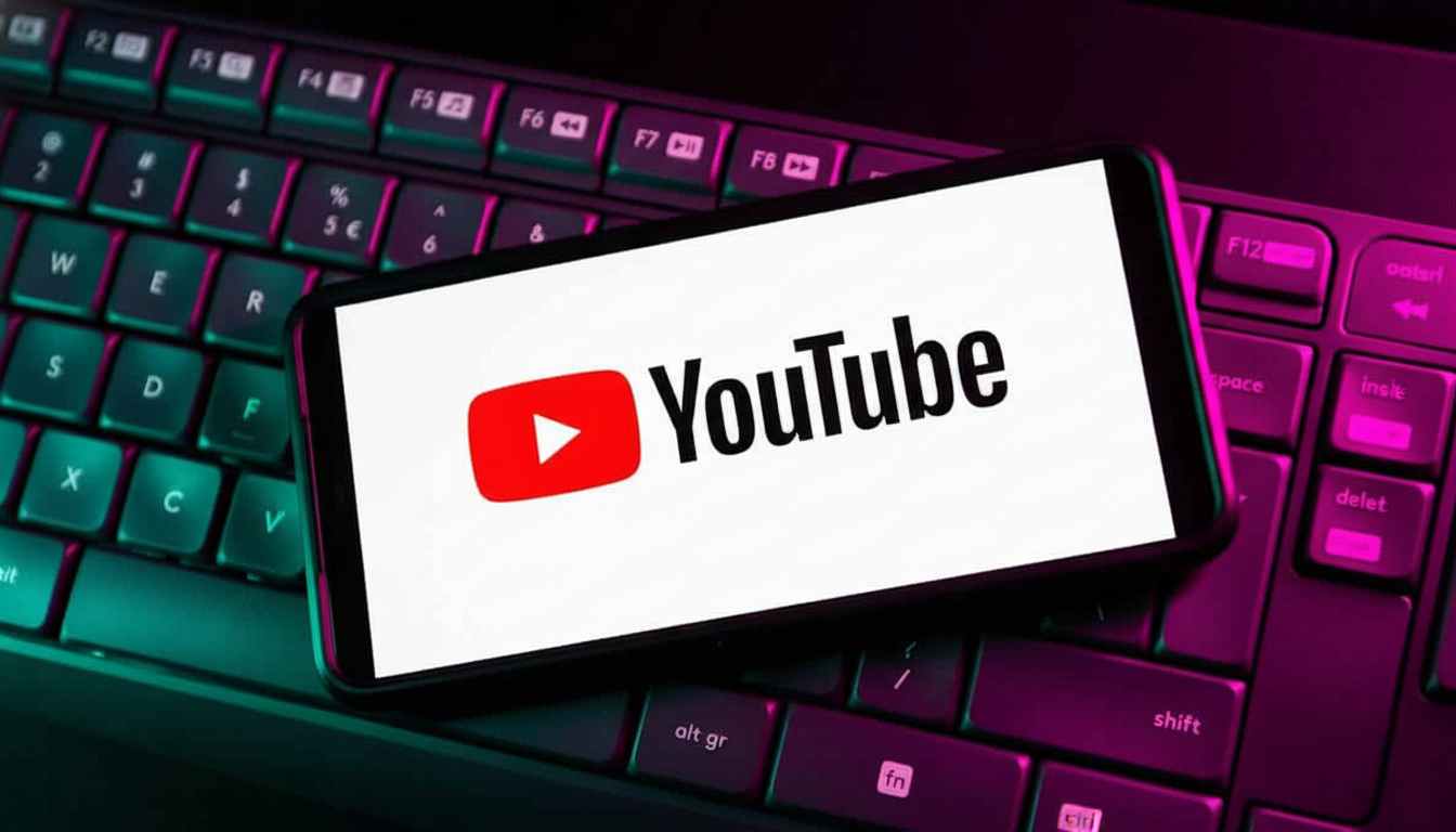 A smartphone displaying the YouTube logo on its screen, placed on a dark laptop keyboard with purple and green lighting .