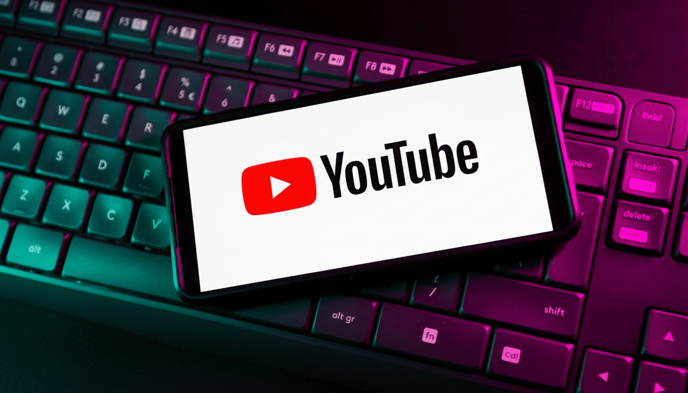 A smartphone displaying the YouTube logo and name is placed on a dark keyboard with purple and teal lighting.