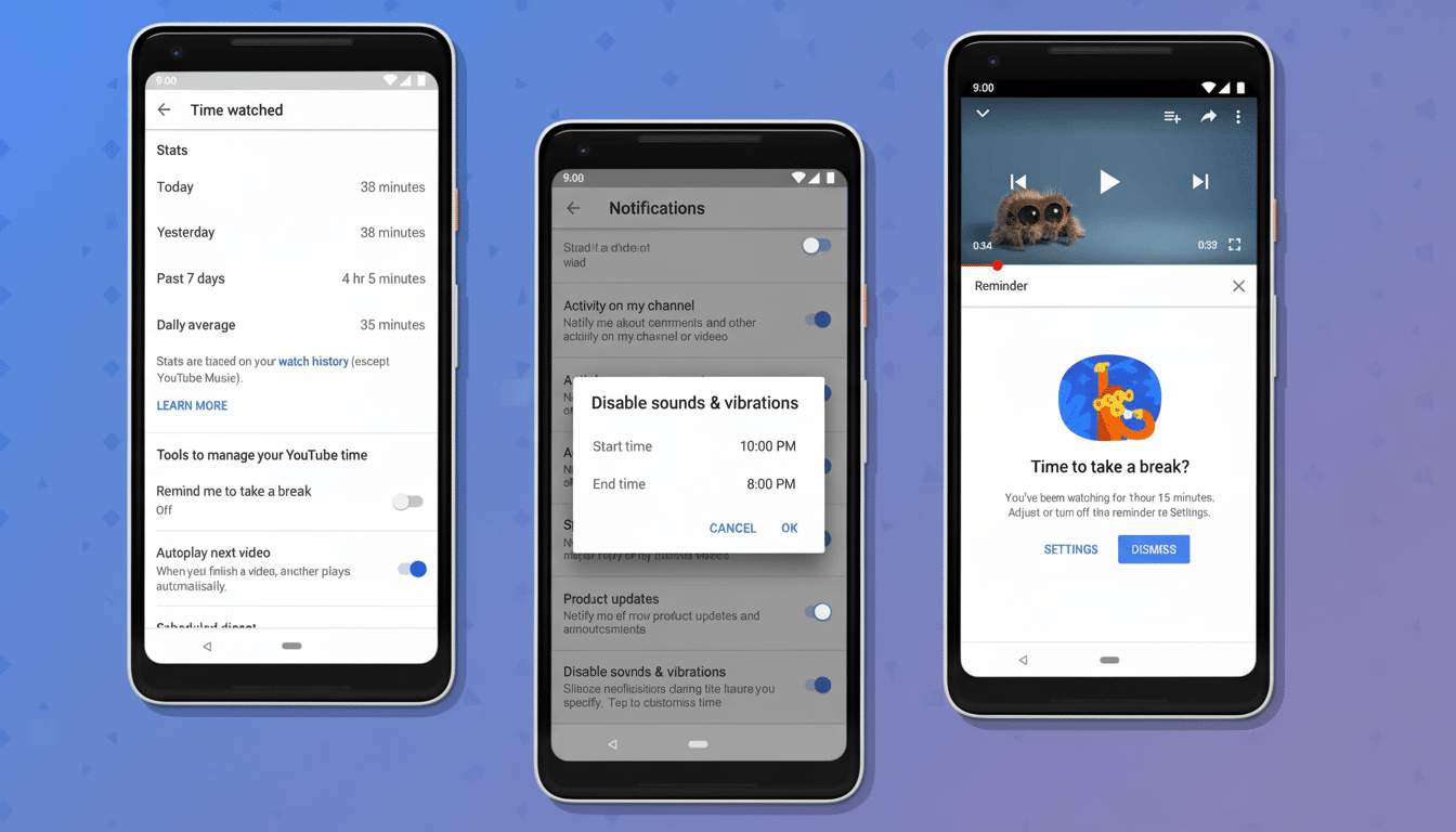 A 16:9 aspect ratio image showing three Android phones displaying different YouTube settings screens related to time watched , notifications, and reminders. Filename : youtubesettings screens . png