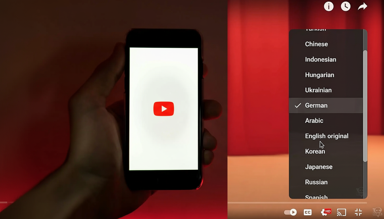 A hand holding a smartphone displaying the YouTube logo, with a language selection menu showing German checked.
