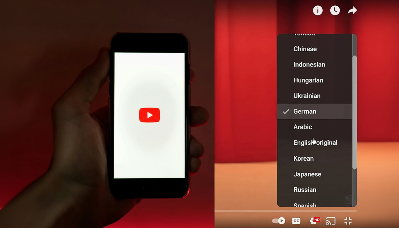 A hand holding a smartphone displaying the YouTube logo, next to a YouTube video player showing a dropdown menu with German selected, indicating langu