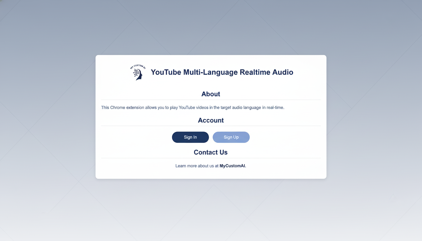 A professional, enhanced image of the YouTube Multi-Language Realtime Audio extension interface, featuring a central white card with About, Account, a