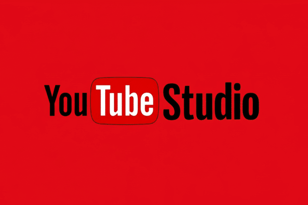 The YouTube Studio logo in black text with the word YouTube in a white box with a red outline, all against a red background .