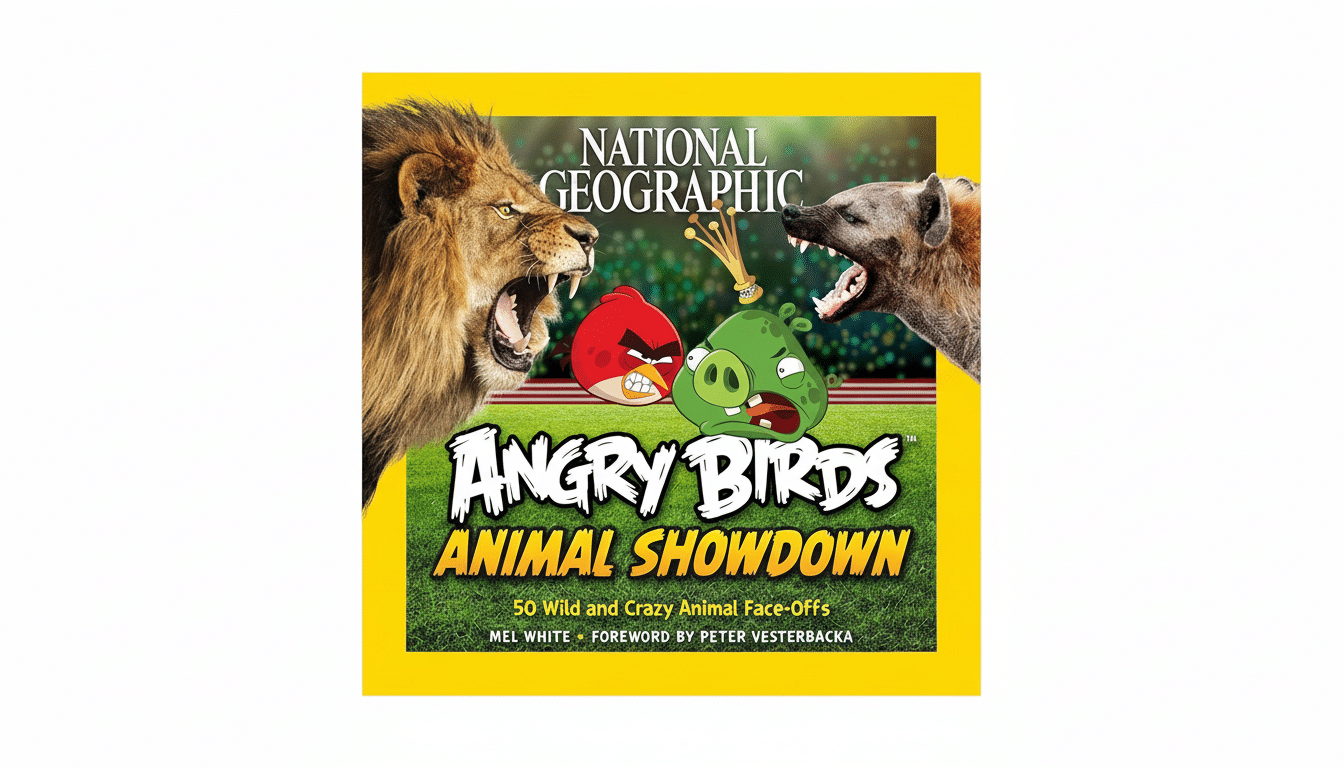 National Geographic Angry Birds Animal Show down book cover featuring a roaring lion and a snar ling hyena facing off, with Angry Birds characters Red