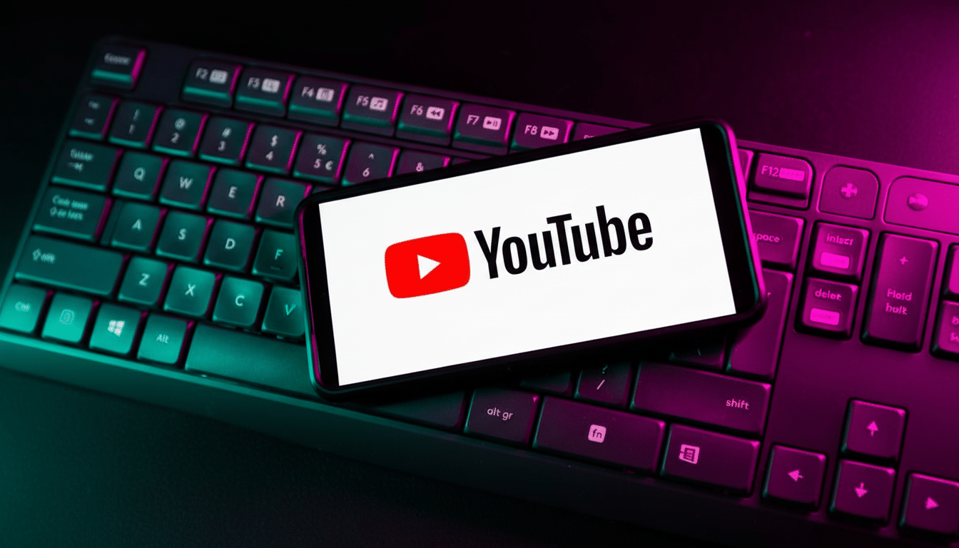 A smartphone displaying the YouTube logo and name is placed on a dark computer keyboard with purple and green back lighting. Filename : youtubelogo keyboard .png