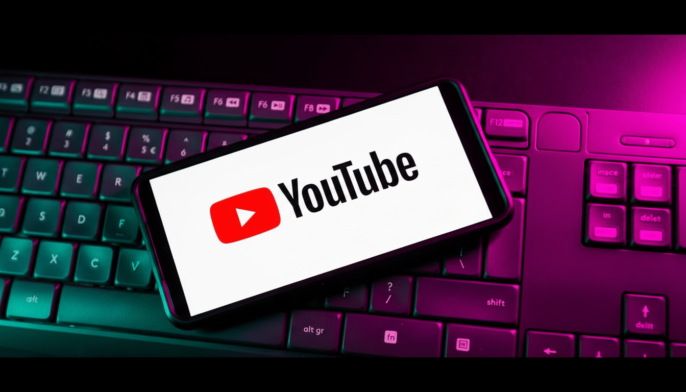 A smartphone displaying the YouTube logo and name is placed on a dark computer keyboard with purple and green back lighting.