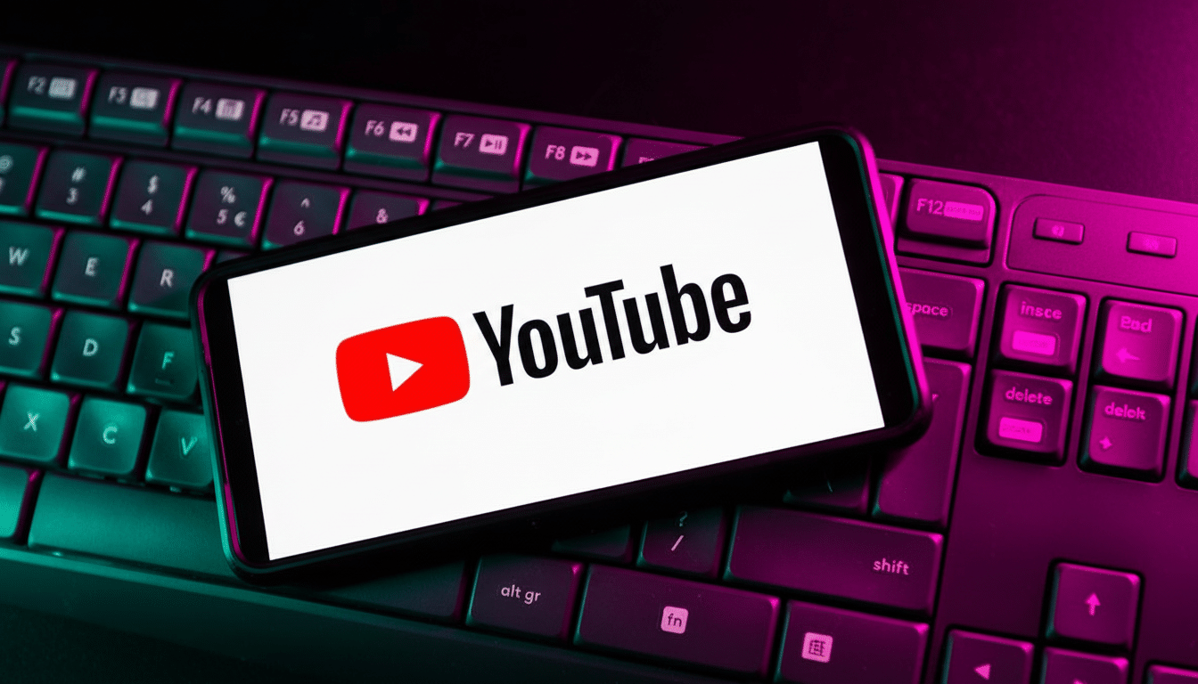 A smartphone displaying the YouTube logo and name is placed on a dark keyboard with purple and green lighting.