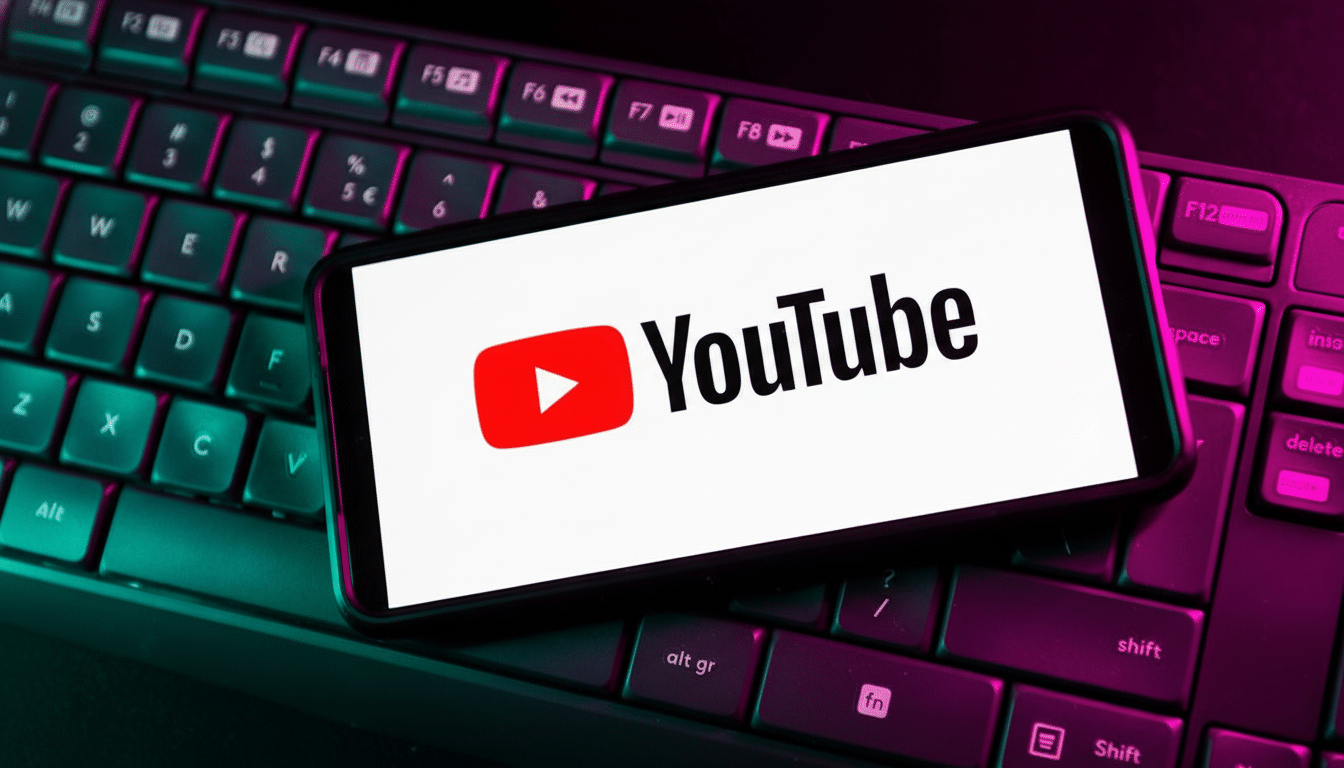 A smartphone displaying the YouTube logo and name is placed on a dark computer keyboard with purple and green back lighting. Filename : youtubelogo onkeyboard .png