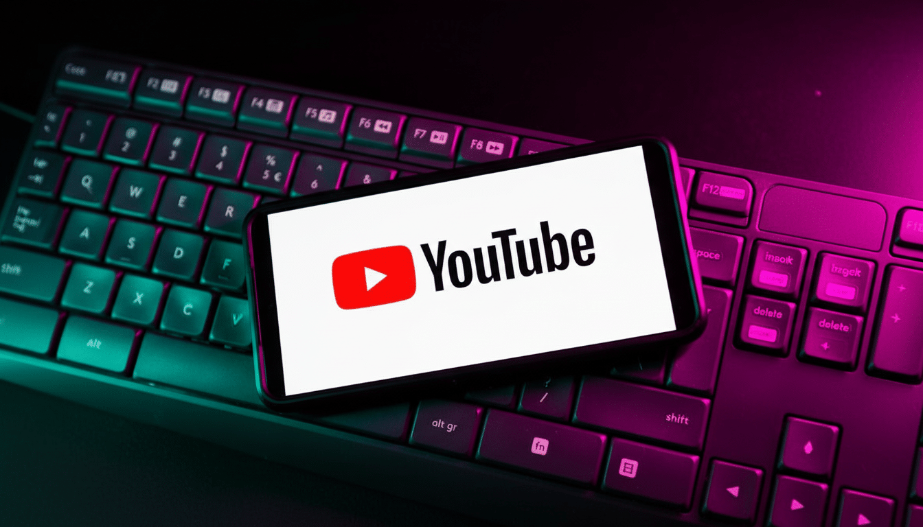 A smartphone displaying the YouTube logo and name is placed on a dark keyboard with teal and magenta lighting.