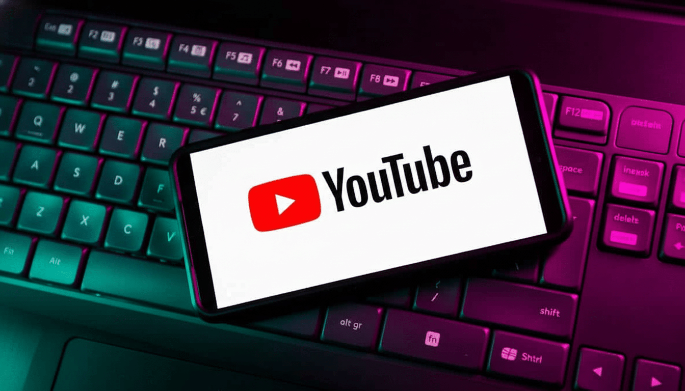 A smartphone displaying the YouTube logo on its screen, placed on a laptop keyboard with blue and purple back lighting. Filename : youtubelogo onsmartphone keyboard .png