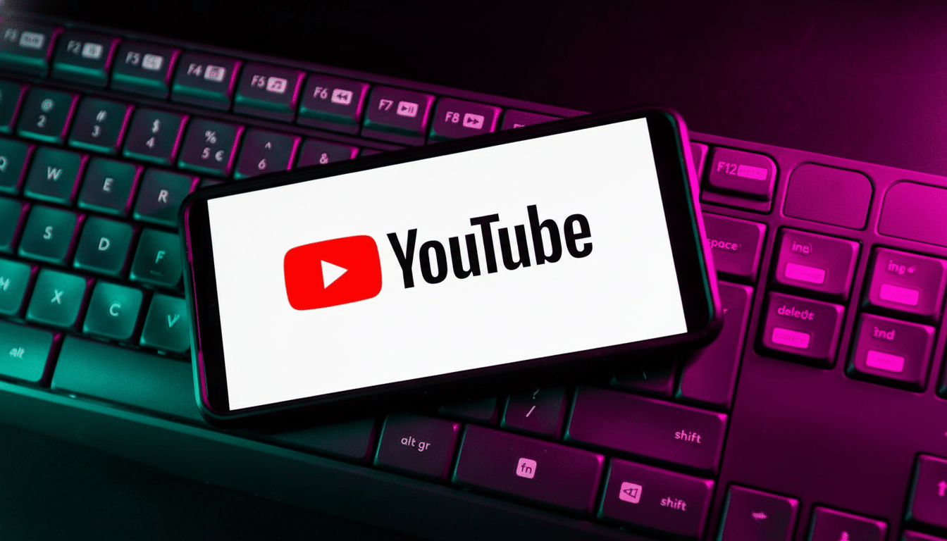 A smartphone displaying the YouTube logo and name is placed on a dark keyboard with purple and green lighting.