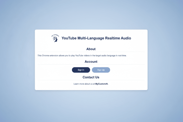 A professional, enhanced image of the YouTube Multi-Language Realtime Audio extension interface, centered on a soft blue gradient background. The inte