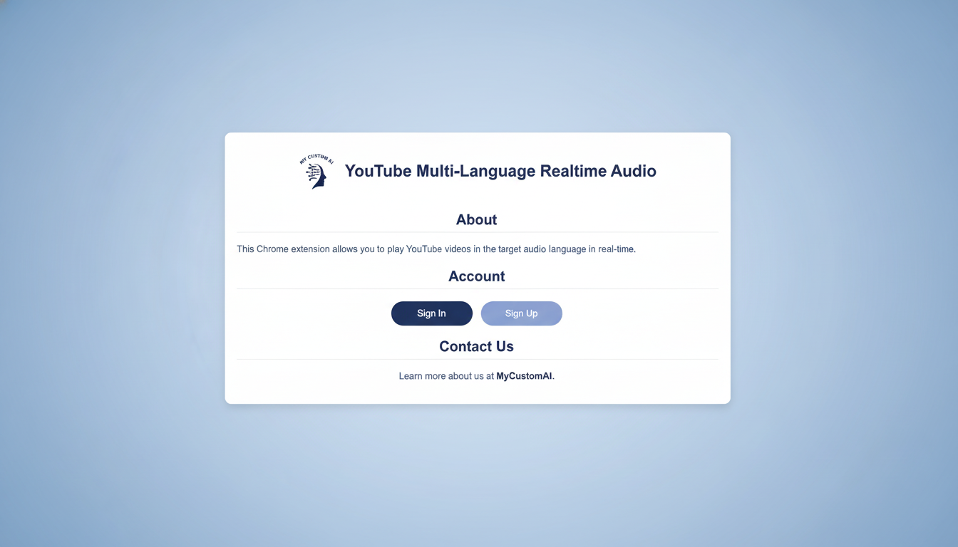 A professional, enhanced image of the YouTube Multi-Language Realtime Audio extension interface, centered on a soft blue gradient background. The inte