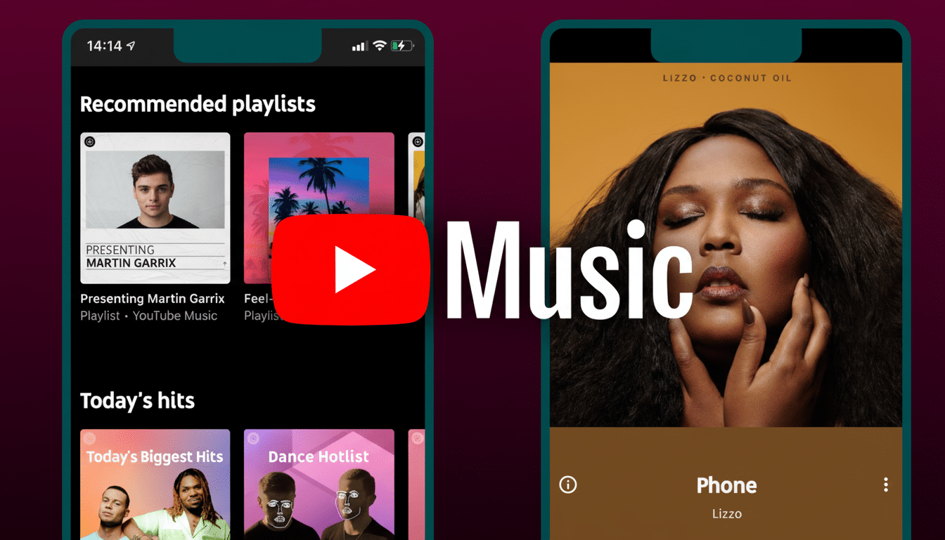 Two mobile phones displaying YouTube Music. The left phone shows Recommended playlists and Todays hits, with a thumbnail of Martin Garrix. The right p