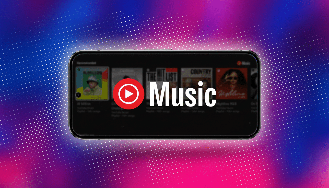 A smartphone displaying the YouTube Music app interface, with a red play button logo and the word Music prominently featured. The background is a vibr