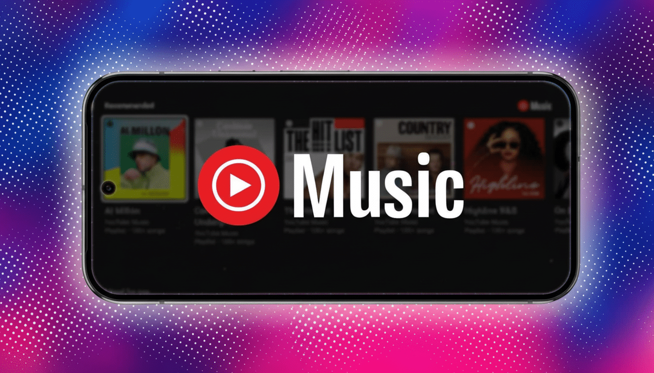 A smartphone displaying the YouTube Music app interface, with a red play button logo and Music text prominently featured, set against a vibrant backgr