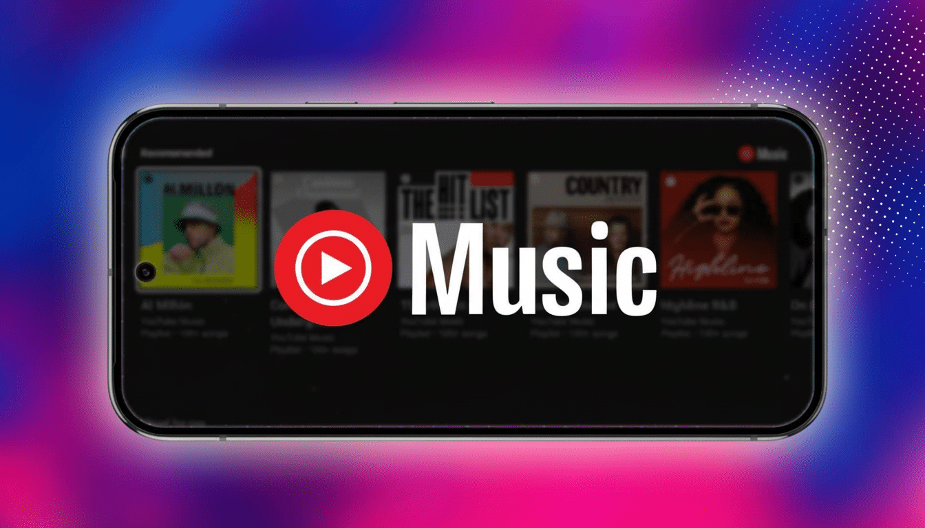 A smartphone displaying the YouTube Music app with various album covers and  Music text prominently featured against a vibrant red and blue background with a subtle dotted pattern.