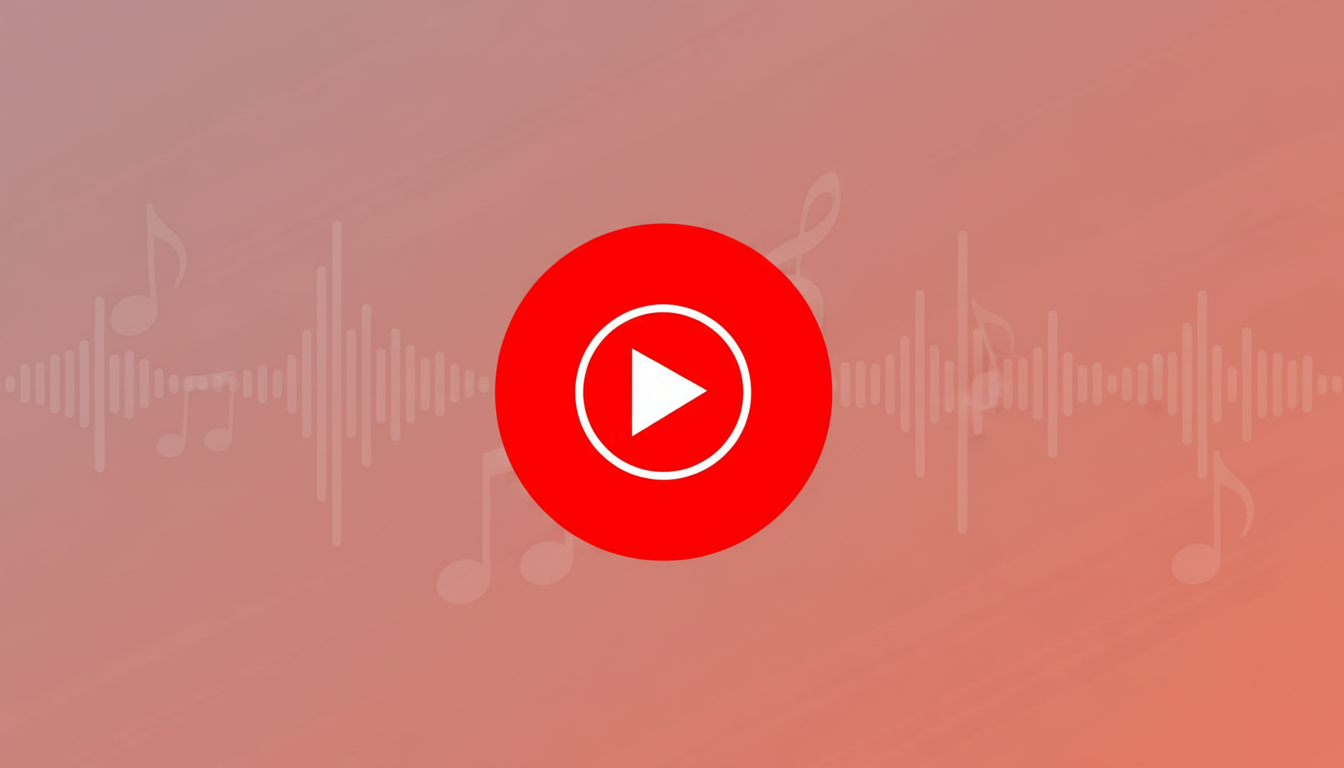 A red circle with a white play button icon in the center, set against a soft gradient background with subtle music-themed patterns and sound waves.